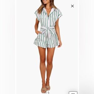 Petal & Pup Addie Tie Waist Romper, White/Green, XS